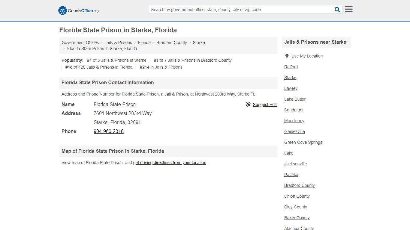 Florida State Prison - Starke, FL (Address and Phone) - County Office